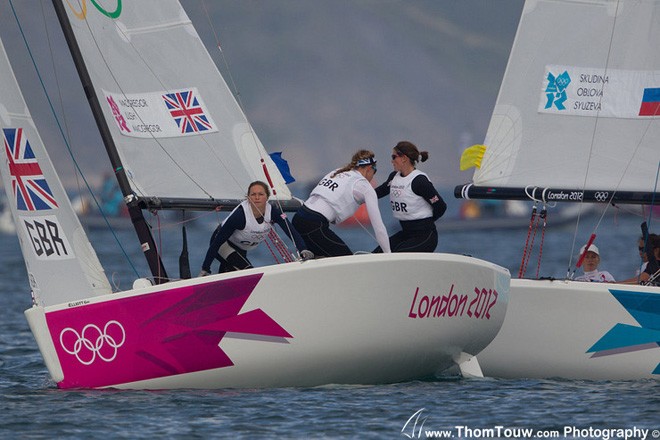 Lucy Macgregor, Annie Lush and Kate Macgregor (GBR) competing in the Women’’s Match Racing event at the London Olympics 2012. © Thom Touw http://www.thomtouw.com